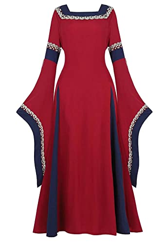 Josamogre Mittelalter Kleid Renaissance Damen Mit Trompetenärmel Party Kostüm Bodenlang Vintage Retro Costume Cosplay Halloween Rot Blau 2XL von Josamogre