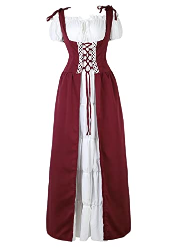 Josamogre Mittelalter Kleid Renaissance Damen mit Trompetenärmel Party Kostüm bodenlang Vintage Retro Costume Cosplay Halloween Weinrot 2XL von Josamogre