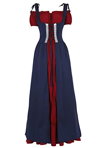 Josamogre Renaissance Mittelalter Kleid Sommerkleid Kurzarm Damen mit trompetenärmel Party Kostüm Vintage Retro Costume Cosplay bodenlang Rot Blau M von Josamogre