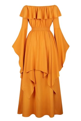 Josamogre Mittelalter Kleidung Damen Große Größen Kleid Dress Renaissance Mit Trompetenärmel Party Kostüm Bodenlang Vintage Retro Gelb M von Josamogre