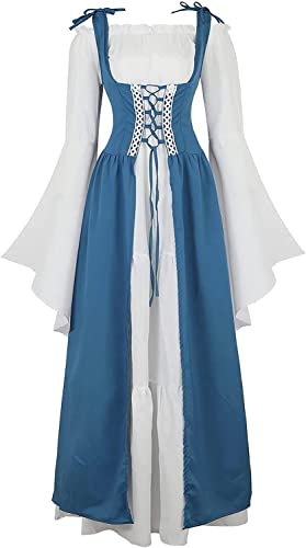 Josamogre Mittelalter Kleidung Damen Kleid Maxi Renaissance mit Trompetenärmel Party Kostüm bodenlang Gothic Festliche Costume Cosplay Halloween blau 2XL von Josamogre