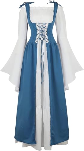 Josamogre Mittelalter Kleidung Damen Kleid Maxi Renaissance mit Trompetenärmel Party Kostüm bodenlang Gothic Festliche Costume Cosplay Halloween blau S von Josamogre