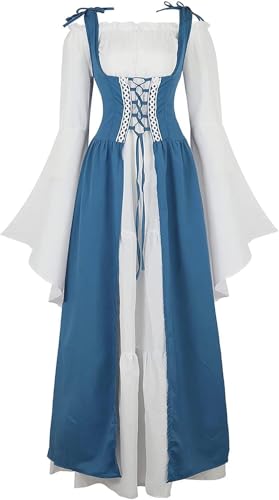 Josamogre Mittelalter Kleidung Damen Kleid Maxi Renaissance mit Trompetenärmel Party Kostüm bodenlang Gothic Festliche Costume Cosplay Halloween blau XS von Josamogre