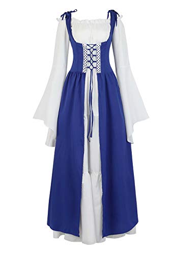 Josamogre Mittelalter Kleidung Damen Kleid Renaissance mit Trompetenärmel Party Kostüm bodenlang Vintage Retro Costume Cosplay Blau 2XL von Josamogre