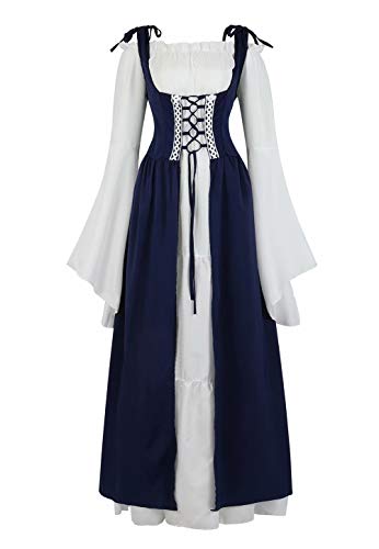 Josamogre Mittelalter Kleidung Damen Kleid Renaissance mit Trompetenärmel Party Kostüm bodenlang Vintage Retro Costume Cosplay Blau L von Josamogre