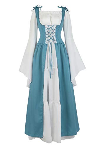 Josamogre Mittelalter Kleidung Damen Kleid Renaissance mit Trompetenärmel Party Kostüm bodenlang Vintage Retro Costume Cosplay Blau L von Josamogre