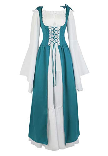 Josamogre Mittelalter Kleidung Damen Kleid Renaissance mit Trompetenärmel Party Kostüm bodenlang Vintage Retro Costume Cosplay Blau XS von Josamogre