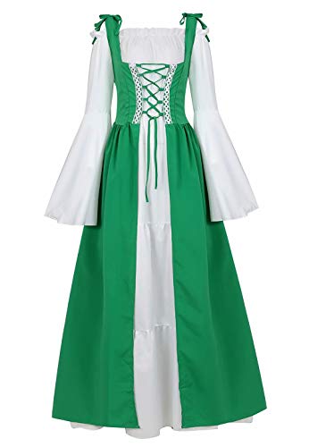 Mittelalter Kleidung Damen Kleid Renaissance mit Trompetenärmel Party Kostüm bodenlang Vintage Retro Costume Cosplay Grün M von Josamogre
