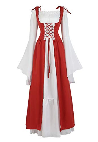Josamogre Mittelalter Kleidung Damen Kleid Renaissance mit Trompetenärmel Party Kostüm bodenlang Vintage Retro Costume Cosplay Rot 2XL von Josamogre