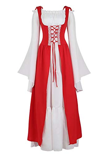Josamogre Mittelalter Kleidung Damen Kleid Renaissance mit Trompetenärmel Party Kostüm bodenlang Vintage Retro Costume Cosplay Rot 3XL von Josamogre