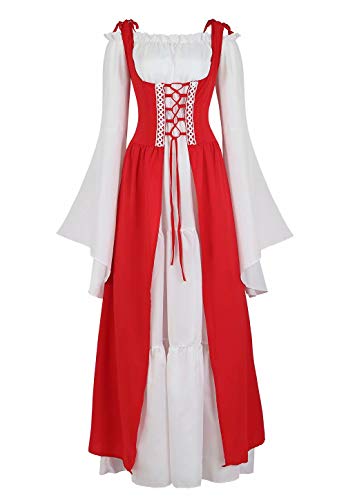 Josamogre Mittelalter Kleidung Damen Kleid Renaissance mit Trompetenärmel Party Kostüm bodenlang Vintage Retro Costume Cosplay Rot XL von Josamogre