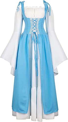 Josamogre Mittelalter Kleidung Damen Kleid Renaissance mittelalterkleidung mit Trompetenärmel Party Kostüm bodenlang Vintage Costume Cosplay Halloween Hellblau 2XL von Josamogre