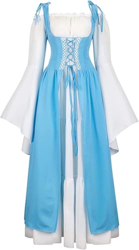 Josamogre Mittelalter Kleidung Damen Kleid Renaissance mittelalterkleidung mit Trompetenärmel Party Kostüm bodenlang Vintage Costume Cosplay Halloween Hellblau XS von Josamogre
