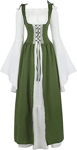 Josamogre Mittelalter Kleidung Damen Kleid Vintage Renaissance mit Trompetenärmel Party Kostüm bodenlang Gothic Festliche Costume Cosplay Halloween grün 2XL von Josamogre