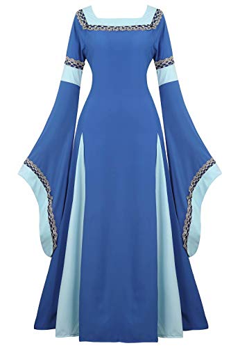 Josamogre Mittelalter Kleidung Damen Kleid mit Trompetenärmel Party Kostüm bodenlang Vintage Retro Renaissance Costume Cosplay Blau 2XL von Josamogre