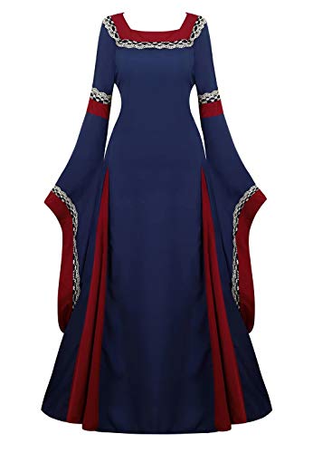 Josamogre Mittelalter Kleidung Damen Kleid mit Trompetenärmel Party Kostüm bodenlang Vintage Retro Renaissance Costume Cosplay Dunkel blau L von Josamogre