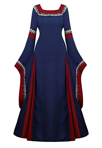 Josamogre Mittelalter Kleidung Damen Kleid mit Trompetenärmel Party Kostüm bodenlang Vintage Retro Renaissance Costume Cosplay Dunkelblau 3XL von Josamogre