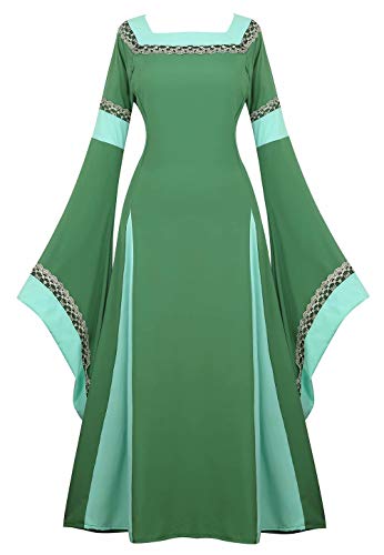 Josamogre Mittelalter Kleidung Damen Kleid mit Trompetenärmel Party Kostüm bodenlang Vintage Retro Renaissance Costume Cosplay Grün L von Josamogre