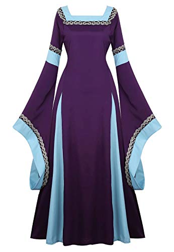 Josamogre Mittelalter Kleidung Damen Kleid mit Trompetenärmel Party Kostüm bodenlang Vintage Retro Renaissance Costume Cosplay Lila 2XL von Josamogre