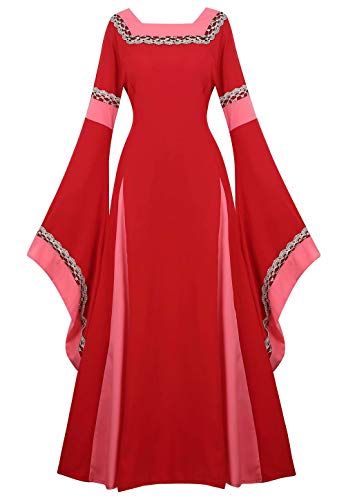 Josamogre Mittelalter Kleidung Damen Kleid mit Trompetenärmel Party Kostüm bodenlang Vintage Retro Renaissance Costume Cosplay Rot 2XL von Josamogre