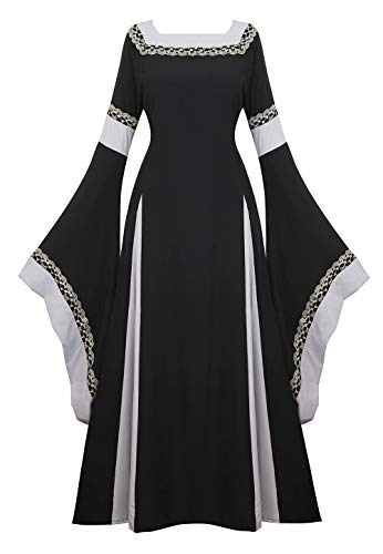 Josamogre Mittelalter Kleidung Damen Kleid mit Trompetenärmel Party Kostüm bodenlang Vintage Retro Renaissance Costume Cosplay Schwarz L von Josamogre