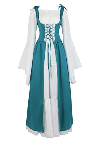 Josamogre Mittelalter Kleidung Damen Kleid renaissance mit Trompetenärmel Party Kostüm bodenlang Vintage Retro costume cosplay Blau M von Josamogre
