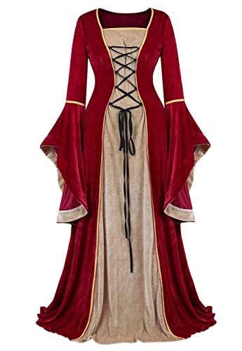 Josamogre Mittelalter Kleidung Damen samtkleid lang samt Kleid Renaissance viktorianischen Kostüm maxikleid Vintage Retro trompetenärmel Weinrot 3XL von Josamogre