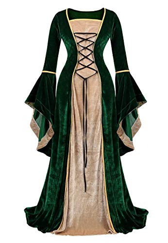 Josamogre Mittelalter Kleidung Damen samtkleid samt Kleid Renaissance viktorianischen Kostüm maxikleid Vintage Retro trompetenärmel Grün 2XL von Josamogre