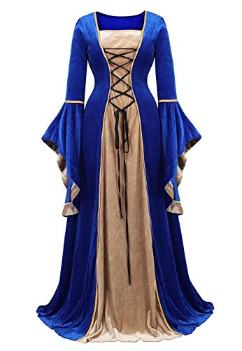 Josamogre Mittelalter Kleidung Damen samtkleid samt Kleid Renaissance viktorianischen Kostüm maxikleid Vintage Retro trompetenärmel Blau 3XL von Josamogre