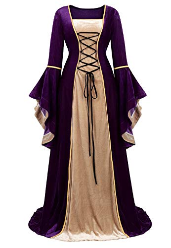 Josamogre Mittelalter Kleidung Damen samtkleid samt Kleid Renaissance viktorianischen Kostüm maxikleid Vintage Retro trompetenärmel Lila 3XL von Josamogre