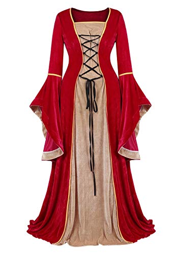 Josamogre Mittelalter Kleidung Damen samtkleid samt Kleid Renaissance viktorianischen Kostüm maxikleid Vintage Retro trompetenärmel Rot S von Josamogre