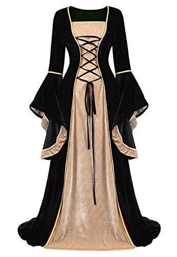 Josamogre Mittelalter Kleidung Damen samtkleid samt Kleid Renaissance viktorianischen Kostüm maxikleid Vintage Retro trompetenärmel Schwarz 3XL von Josamogre