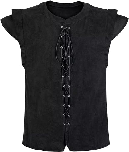 Josamogre Mittelalter Kleidung Herren Renaissance Weste Pirat Kostüm Gothic Mantel Cosplay Top mit Schnürung Oktoberfest Schwarz 3XL von Josamogre