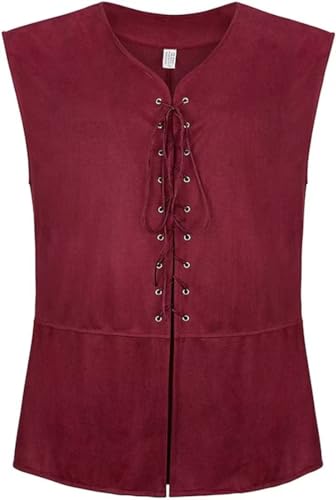 Josamogre Mittelalter Kleidung Renaissance Weste Herren Pirat Kostüm Gothic Mantel Steampunk Cosplay Top mit Schnürung Oktoberfest Halloween Weinrot 2XL von Josamogre