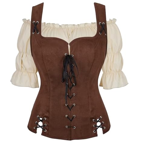 Josamogre Mittelalter Kleidung Weste mit Bluse Set Korsett Damen Pirat Kostüm Renaissance Gothic Mantel Steampunk Cosplay Top mit Schnürung Oktoberfest Kaffee 3XL von Josamogre