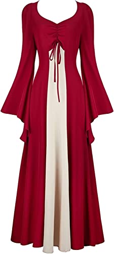 Josamogre Mittelalter kostüm Damen Kleid mit Trompetenärmel Party bodenlang Vintage Retro Renaissance Costume Cosplay Weinrot M von Josamogre