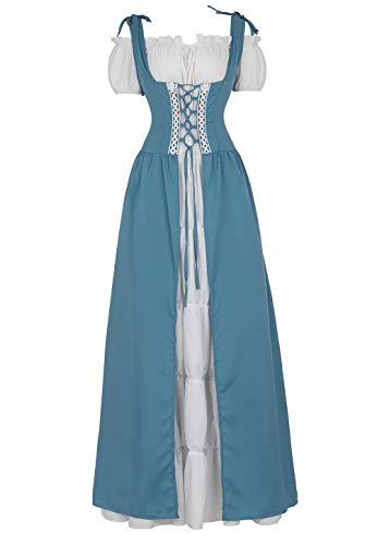 Josamogre Renaissance Mittelalter Kleid Sommerkleid Kurzarm Damen mit trompetenärmel Party Kostüm Vintage Retro Costume Cosplay bodenlang Blau 2XL von Josamogre