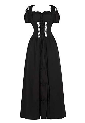 Josamogre Renaissance Mittelalter Kleid Sommerkleid Kurzarm Damen mit trompetenärmel Party Kostüm Vintage Retro Costume Cosplay bodenlang Schwarz L von Josamogre