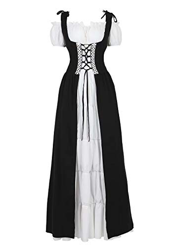 Josamogre Renaissance Mittelalter Kleid Sommerkleid Kurzarm Damen mit trompetenärmel Party Kostüm Vintage Retro Costume Cosplay bodenlang Weiß Schwarz 3XL von Josamogre