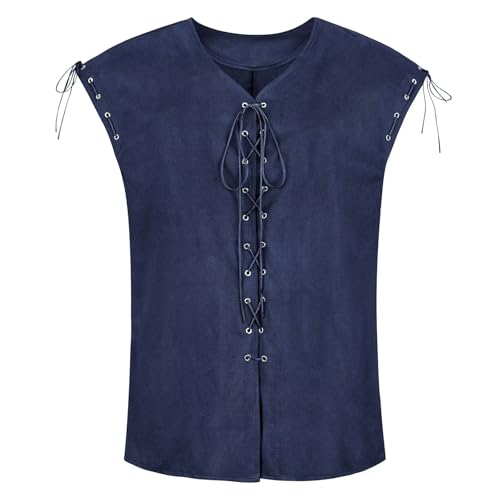Josamogre Renaissance Weste Herren Mittelalter Kostüm Kleidung Pirate Gothic Mantel Steampunk Halloween Top mit Schnürung Oktoberfest Outfit Blau XL von Josamogre