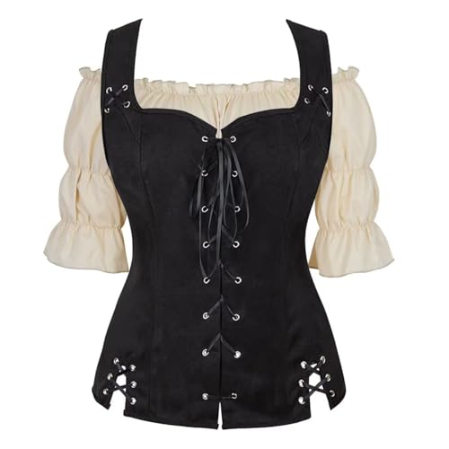 Josamogre Renaissance Weste mit Bluse Set Korsett Damen Pirat Mittelalter Kleidung Kostüm Gothic Mantel Steampunk Cosplay Top Halloween Schwarz S von Josamogre
