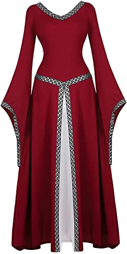 Josamogre Retro Kleider Damen Mittelalter Kleid Renaissance mit Trompetenärmel Party Kostüm bodenlang Vintage Retro Costume Cosplay Weinrot 2XL von Josamogre