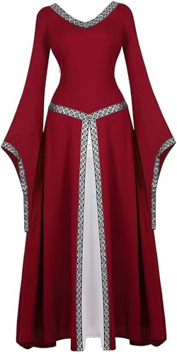 Josamogre Retro Kleider Damen Mittelalter Kleid Renaissance mit Trompetenärmel Party Kostüm bodenlang Vintage Retro Costume Cosplay Weinrot 2XL von Josamogre
