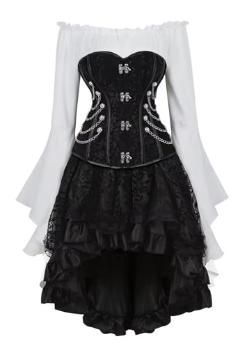 Josamogre Schwarz Korsett Kleid 3 Set Steampunk Corsage Corset Dress Piraten Kostüm Spitzenrock und Bluse für Karneval Halloween XL von Josamogre