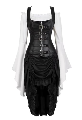 Josamogre Schwarz Korsett Kleid Leder Corsage Kostüm Steampunk Corsagenkleid 3 Set Reißverschluss Spitzenrock und Bluse für Halloween Damen 2XL von Josamogre