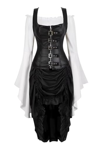 Josamogre Schwarz Korsett Kleid Leder Corsage Kostüm Steampunk Corsagenkleid 3 Set Reißverschluss Spitzenrock und Bluse für Halloween Damen 5XL von Josamogre
