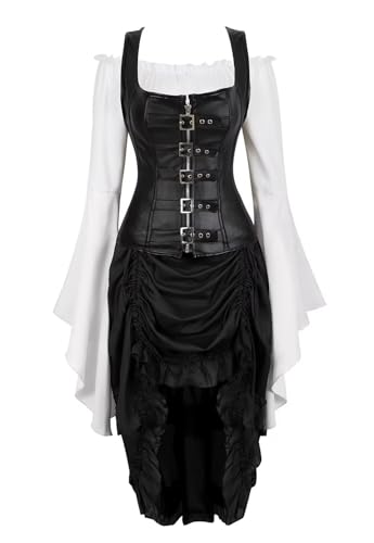 Josamogre Schwarz Korsett Kleid Leder Corsage Kostüm Steampunk Corsagenkleid 3 Set Reißverschluss Spitzenrock und Bluse für Halloween Damen 6XL von Josamogre