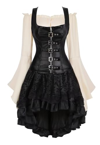 Josamogre Schwarz Korsett Kleid Leder Corsage Steampunk 3 Set Corset Dress Reißverschluss Spitzenrock und Bluse für Halloween Damen 2XL von Josamogre