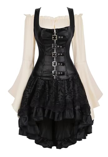 Josamogre Schwarz Korsett Kleid Leder Corsage Steampunk 3 Set Corset Dress Reißverschluss Spitzenrock und Bluse für Halloween Damen 3XL von Josamogre