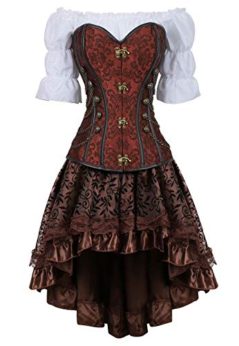 Josamogre Steampunk Corsage Corsagenkleid Korsett Bustier Piraten Kostüm mit asymmetrischer Spitzenrock und Bluse für Karneval Halloween Braun 2XL von Josamogre